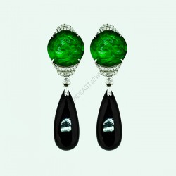Natural Green and Black Jadeite Diamond Earrings